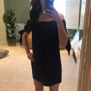 Navy blue linen, off the shoulder dress